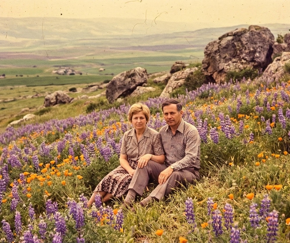 Miryam and Yoram in a field of lupines — inside the projected slide